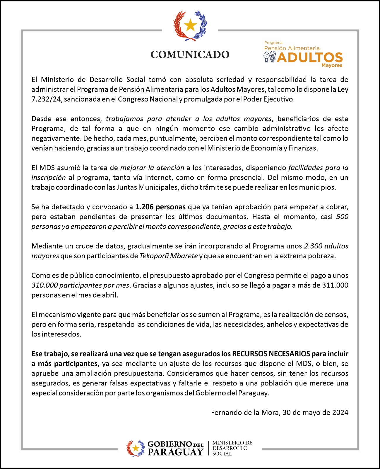 Programa de Pensión Alimentaria para los Adultos Mayores: Ministerio de  Desarrollo Social recuerda que administra el programa desde la aprobación  de la ley. • PARAGUAY TV HD